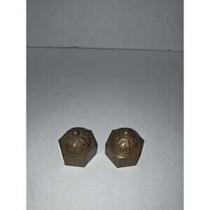 Vintage Patina Brass Acorn Hex Cap Nuts Set Of 2 With Intricate Carved Tops